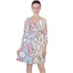 Usheen Carebears, Bears, Cat, Colorful, Cute, Pastel, Pattern Quarter Sleeve Ruffle Waist Dress