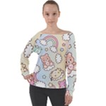 Usheen Carebears, Bears, Cat, Colorful, Cute, Pastel, Pattern Off Shoulder Long Sleeve Velour Top