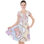 Usheen Carebears, Bears, Cat, Colorful, Cute, Pastel, Pattern Cap Sleeve Midi Dress