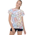 Usheen Carebears, Bears, Cat, Colorful, Cute, Pastel, Pattern Ruffle Collar Chiffon Blouse