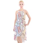 Usheen Carebears, Bears, Cat, Colorful, Cute, Pastel, Pattern High-Low Halter Chiffon Dress 