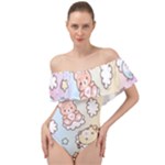 Usheen Carebears, Bears, Cat, Colorful, Cute, Pastel, Pattern Off Shoulder Velour Bodysuit 