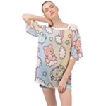 Usheen Carebears, Bears, Cat, Colorful, Cute, Pastel, Pattern Oversized Chiffon Top