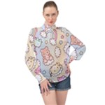 Usheen Carebears, Bears, Cat, Colorful, Cute, Pastel, Pattern High Neck Long Sleeve Chiffon Top