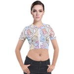 Usheen Carebears, Bears, Cat, Colorful, Cute, Pastel, Pattern Short Sleeve Cropped Jacket