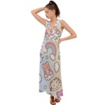 Usheen Carebears, Bears, Cat, Colorful, Cute, Pastel, Pattern V-Neck Chiffon Maxi Dress