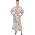 Usheen Carebears, Bears, Cat, Colorful, Cute, Pastel, Pattern V-Neck Boho Style Maxi Dress