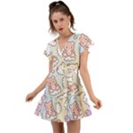 Usheen Carebears, Bears, Cat, Colorful, Cute, Pastel, Pattern Flutter Sleeve Wrap Dress