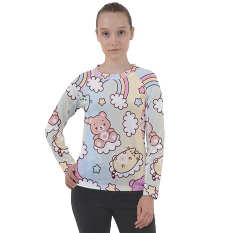 Usheen Carebears, Bears, Cat, Colorful, Cute, Pastel, Pattern Women s Long Sleeve Raglan T