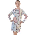 Usheen Carebears, Bears, Cat, Colorful, Cute, Pastel, Pattern Long Sleeve Hoodie Dress