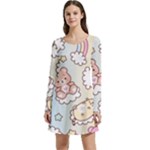 Usheen Carebears, Bears, Cat, Colorful, Cute, Pastel, Pattern Long Sleeve Velour Skater Dress