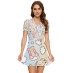 Usheen Carebears, Bears, Cat, Colorful, Cute, Pastel, Pattern V-Neck High Waist Chiffon Mini Dress