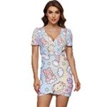 Usheen Carebears, Bears, Cat, Colorful, Cute, Pastel, Pattern Low Cut Cap Sleeve Mini Dress