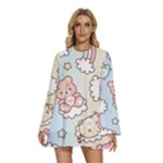 Usheen Carebears, Bears, Cat, Colorful, Cute, Pastel, Pattern Round Neck Long Sleeve Bohemian Style Chiffon Mini Dress