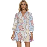 Usheen Carebears, Bears, Cat, Colorful, Cute, Pastel, Pattern V-Neck Placket Mini Dress