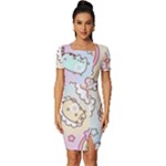 Usheen Carebears, Bears, Cat, Colorful, Cute, Pastel, Pattern Fitted Knot Split End Bodycon Dress