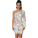 Usheen Carebears, Bears, Cat, Colorful, Cute, Pastel, Pattern Long Sleeve One Shoulder Mini Dress