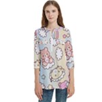 Usheen Carebears, Bears, Cat, Colorful, Cute, Pastel, Pattern Women s Zip Front V-Neck 3/4 Sleeve Casual Top Pocket Shirt