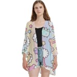 Usheen Carebears, Bears, Cat, Colorful, Cute, Pastel, Pattern Open Front 3/4 Sleeve Batwing Chiffon Cardigan Kimono