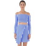 Blue Stripes, Sticker, Stickers Off Shoulder Top with Skirt Set