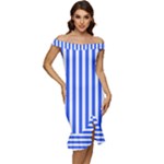 Blue Stripes, Sticker, Stickers Off Shoulder Ruffle Split Hem Bodycon Dress