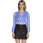 Blue Stripes, Sticker, Stickers Long Sleeve Tie Back Satin Wrap Top