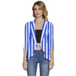 Blue Stripes, Sticker, Stickers Women s 3/4 Sleeve Ruffle Edge Open Front Jacket