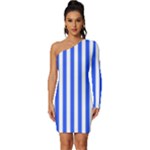 Blue Stripes, Sticker, Stickers Long Sleeve One Shoulder Mini Dress