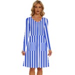 Blue Stripes, Sticker, Stickers Long Sleeve Dress With Pocket