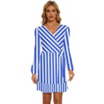 Blue Stripes, Sticker, Stickers Long Sleeve Waist Tie Ruffle Velvet Dress