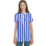 Blue Stripes, Sticker, Stickers Women s Zip Front V-Neck Short Sleeve Casual Top Pocket Shirt