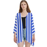 Blue Stripes, Sticker, Stickers Open Front 3/4 Sleeve Batwing Chiffon Cardigan Kimono