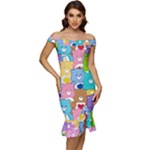 Care Bears, Adorable, Art Off Shoulder Ruffle Split Hem Bodycon Dress