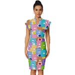 Care Bears, Adorable, Art Vintage Frill Sleeve V-Neck Bodycon Dress