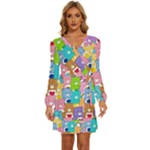 Care Bears, Adorable, Art Long Sleeve Waist Tie Ruffle Velvet Dress