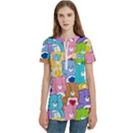 Care Bears, Adorable, Art Women s Zip Front V-Neck Short Sleeve Casual Top Pocket Shirt