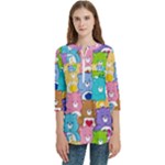 Care Bears, Adorable, Art Women s Zip Front V-Neck 3/4 Sleeve Casual Top Pocket Shirt