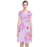 Cheer Bear Pink, Care, Care Bears, Cartoon Short Sleeve Front Wrap Dress