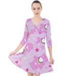 Cheer Bear Pink, Care, Care Bears, Cartoon Quarter Sleeve Front Wrap Dress