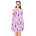 Cheer Bear Pink, Care, Care Bears, Cartoon Long Sleeve V-neck Flare Dress