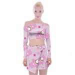 Cheer Bear Pink, Care, Care Bears, Cartoon Off Shoulder Top with Mini Skirt Set