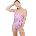 Cheer Bear Pink, Care, Care Bears, Cartoon Frilly One Shoulder Swimsuit