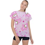 Cheer Bear Pink, Care, Care Bears, Cartoon Ruffle Collar Chiffon Blouse