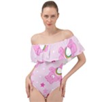 Cheer Bear Pink, Care, Care Bears, Cartoon Off Shoulder Velour Bodysuit 