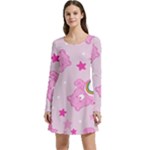 Cheer Bear Pink, Care, Care Bears, Cartoon Long Sleeve Velour Skater Dress