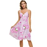 Cheer Bear Pink, Care, Care Bears, Cartoon Sleeveless Tie Front Chiffon Dress