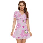 Cheer Bear Pink, Care, Care Bears, Cartoon V-Neck High Waist Chiffon Mini Dress