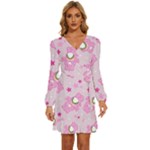 Cheer Bear Pink, Care, Care Bears, Cartoon Long Sleeve Waist Tie Ruffle Velvet Dress