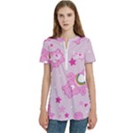 Cheer Bear Pink, Care, Care Bears, Cartoon Women s Zip Front V-Neck Short Sleeve Casual Top Pocket Shirt