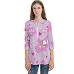 Cheer Bear Pink, Care, Care Bears, Cartoon Women s Zip Front V-Neck 3/4 Sleeve Casual Top Pocket Shirt